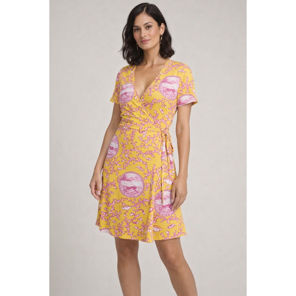 Vintage Leggiadro Supplex Wrap Dress Small Yellow Pink Coral‎ Print USA